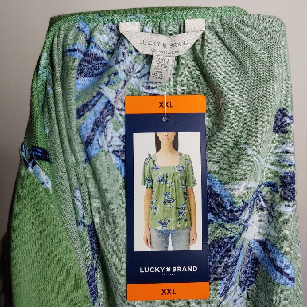 Lucky Brand Green Floral Square Neck Short Sleeve Blouse Size XXL New With Tags - Picture 15 of 16